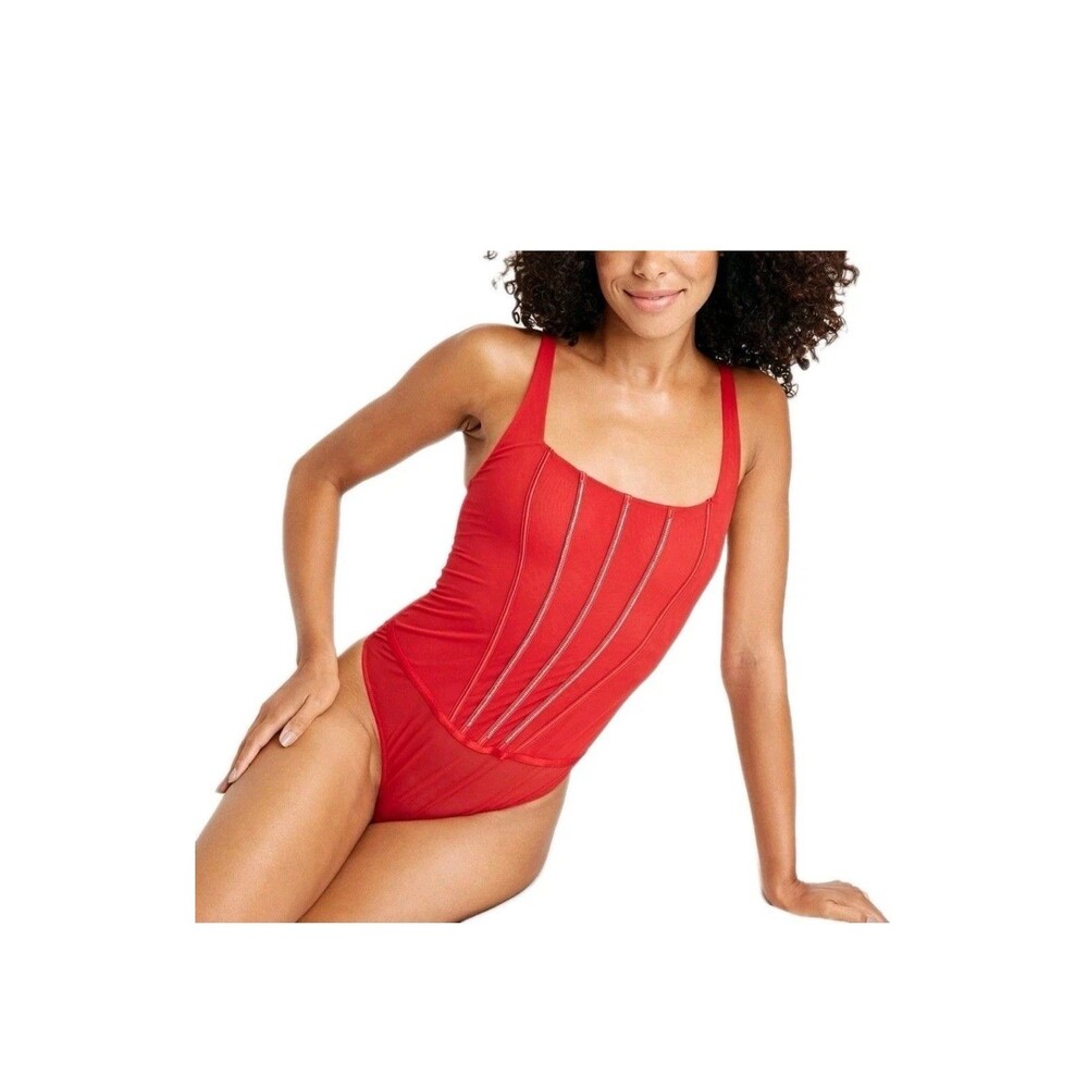 AUDEN Intimates Sheer Mesh Rhinestone Studded Thong Lingerie Bodysuit Red Size L